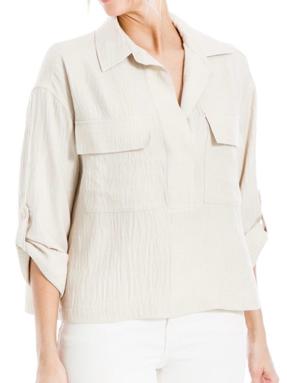 Max Studio Collared Textured Popover Shirt, XL,Oatmeal,Safari Coastal Boho Chic